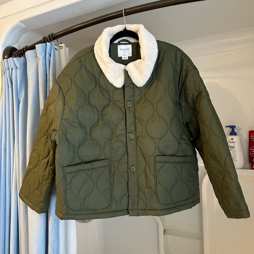 Aerie Olive “Chore” Quilted Jacket with Faux Fur Collar